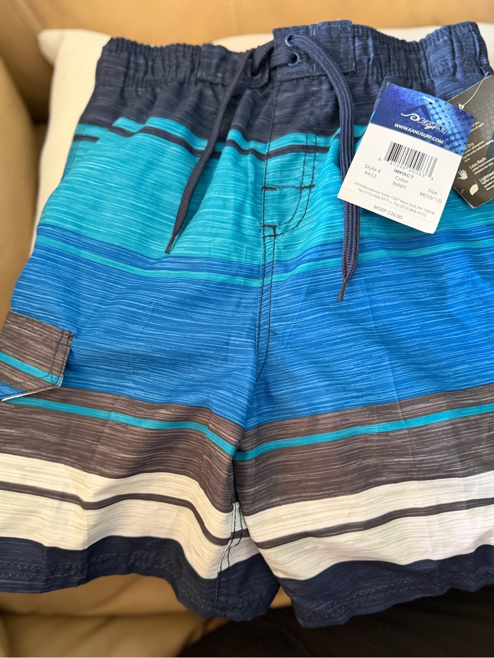 New Boys 10/12 Blue Striped Swim Shorts -Kanu Surf Elastic Waist, Drawstring